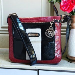 Vintage Anne Klein Red  Reptile Embossed  Black Patent Leather Vegan Crossbody